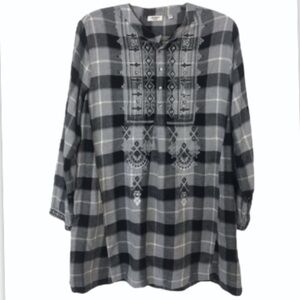 𝅺DYLAN Women’s Embroidered Tunic Long Sleeve Plaid Black Gray White